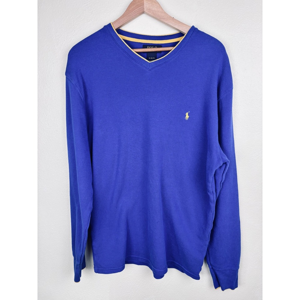 Polo Ralph Lauren XL Blue Thermal Waffle Knit V-Neck Yellow Pony Preppy Academic